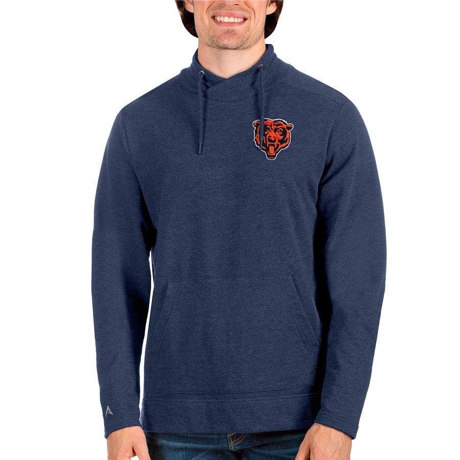Chicago Bears Antigua Bear Head Reward Crossover Neckline Pullover Sweatshirt - Heathered Navy