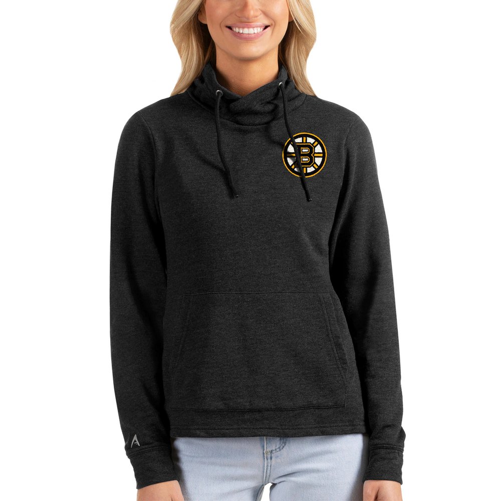 Boston Bruins Antigua Women's Team Reward Crossover Neckline Pullover Sweatshirt - Heathered Black