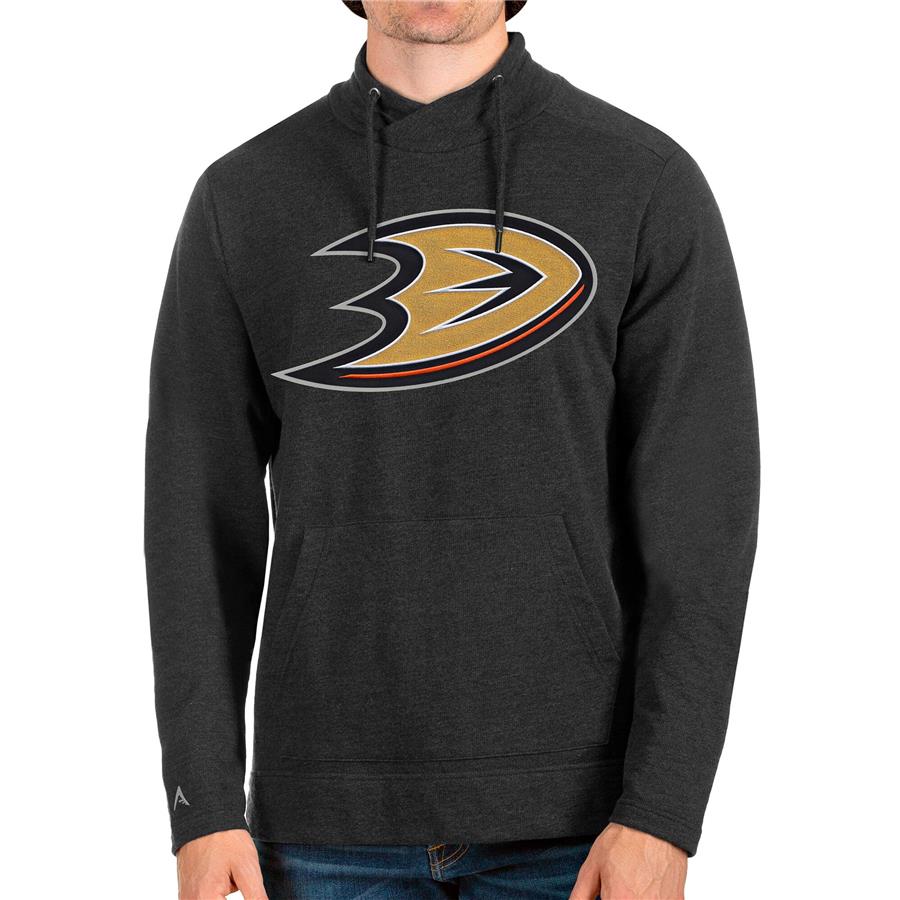 Anaheim Ducks Antigua Reward Crossover Neckline Pullover Sweatshirt - Heathered Black