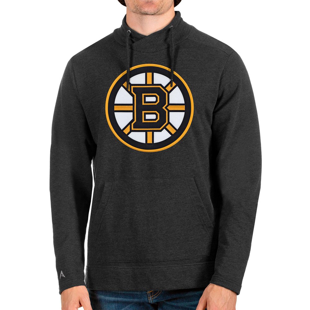 Boston Bruins Antigua Reward Crossover Neckline Pullover Sweatshirt - Heathered Black