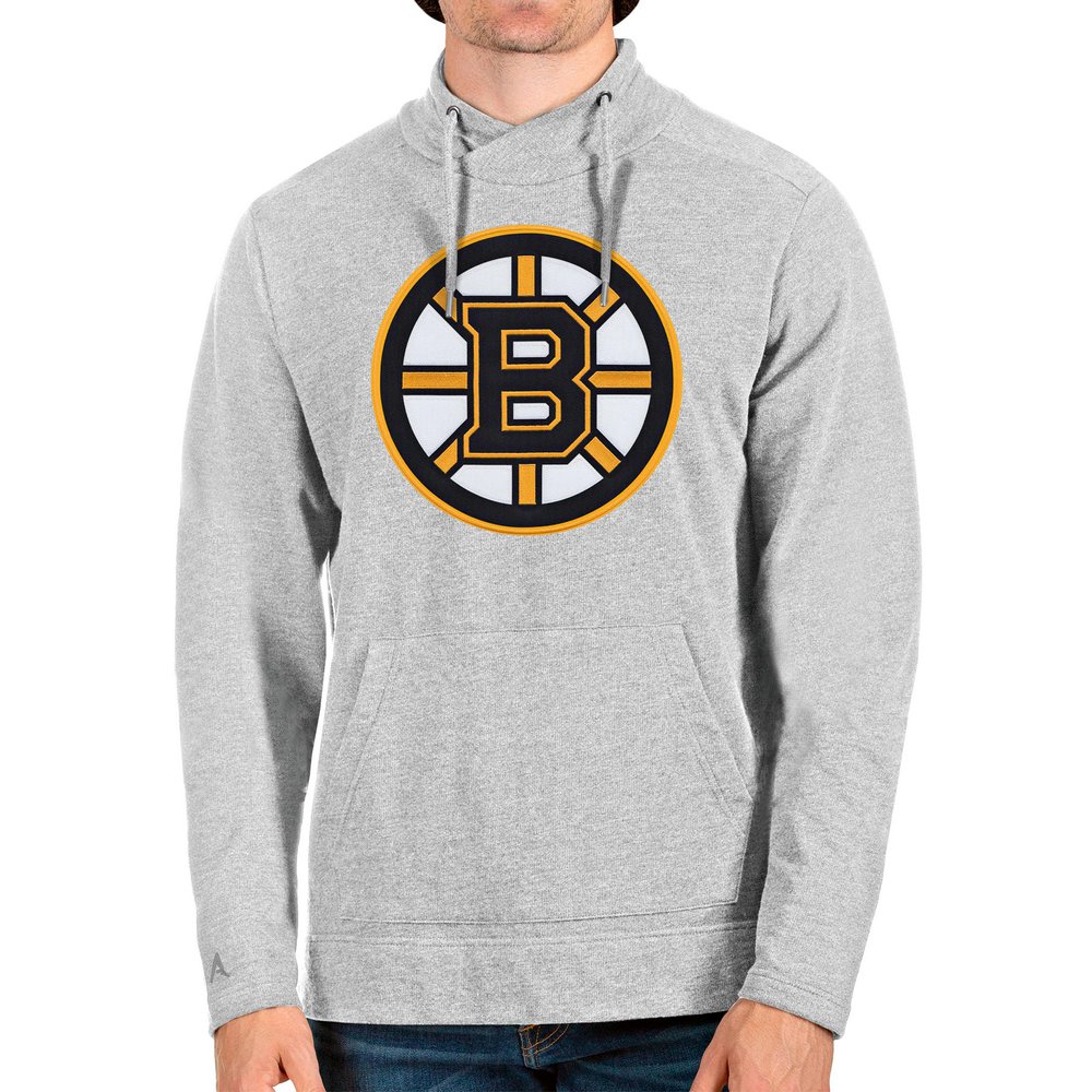Boston Bruins Antigua Reward Crossover Neckline Pullover Sweatshirt - Heathered Gray