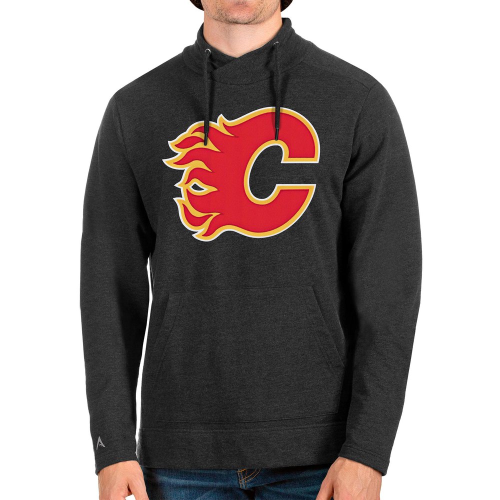 Calgary Flames Antigua Reward Crossover Neckline Pullover Sweatshirt - Heathered Black
