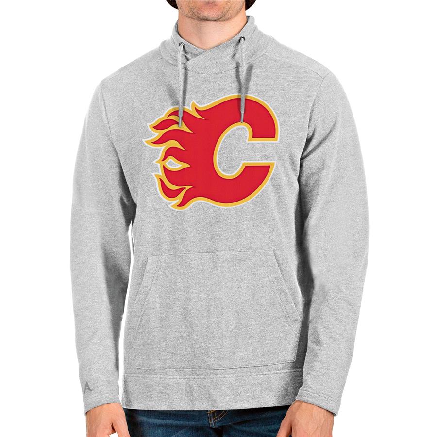Calgary Flames Antigua Reward Crossover Neckline Pullover Sweatshirt - Heathered Gray