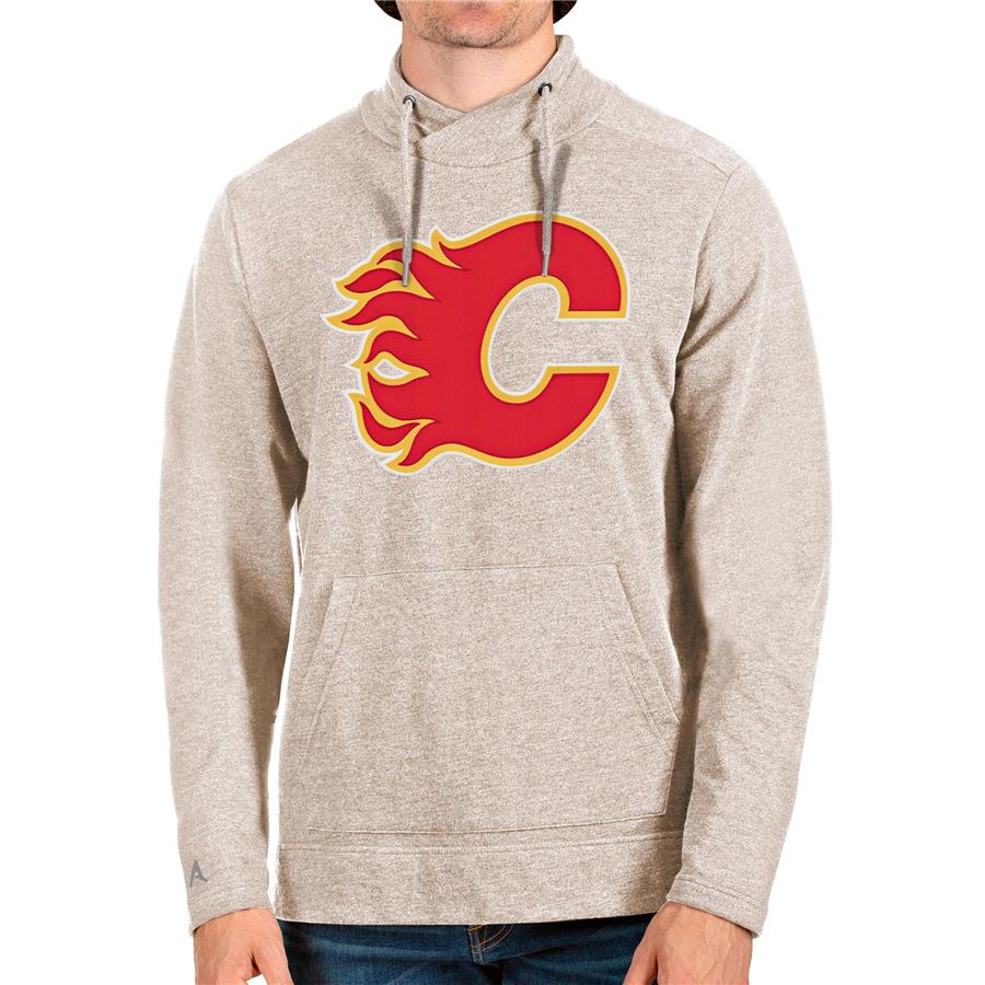 Calgary Flames Antigua Reward Crossover Neckline Pullover Sweatshirt - Oatmeal