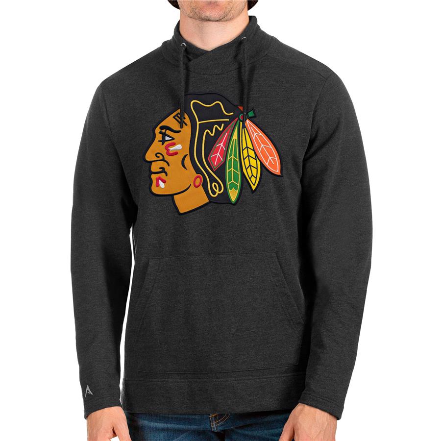 Chicago Blackhawks Antigua Reward Crossover Neckline Pullover Sweatshirt - Heathered Black