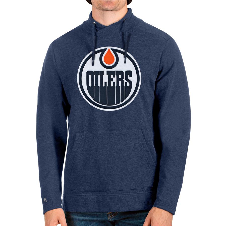 Edmonton Oilers Antigua Reward Crossover Neckline Pullover Sweatshirt - Heathered Navy