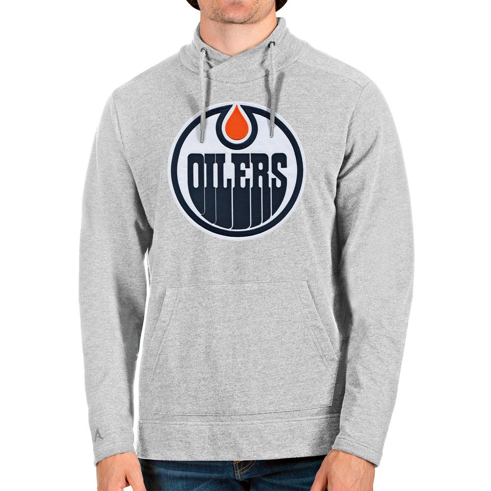 Edmonton Oilers Antigua Reward Crossover Neckline Pullover Sweatshirt - Heathered Gray