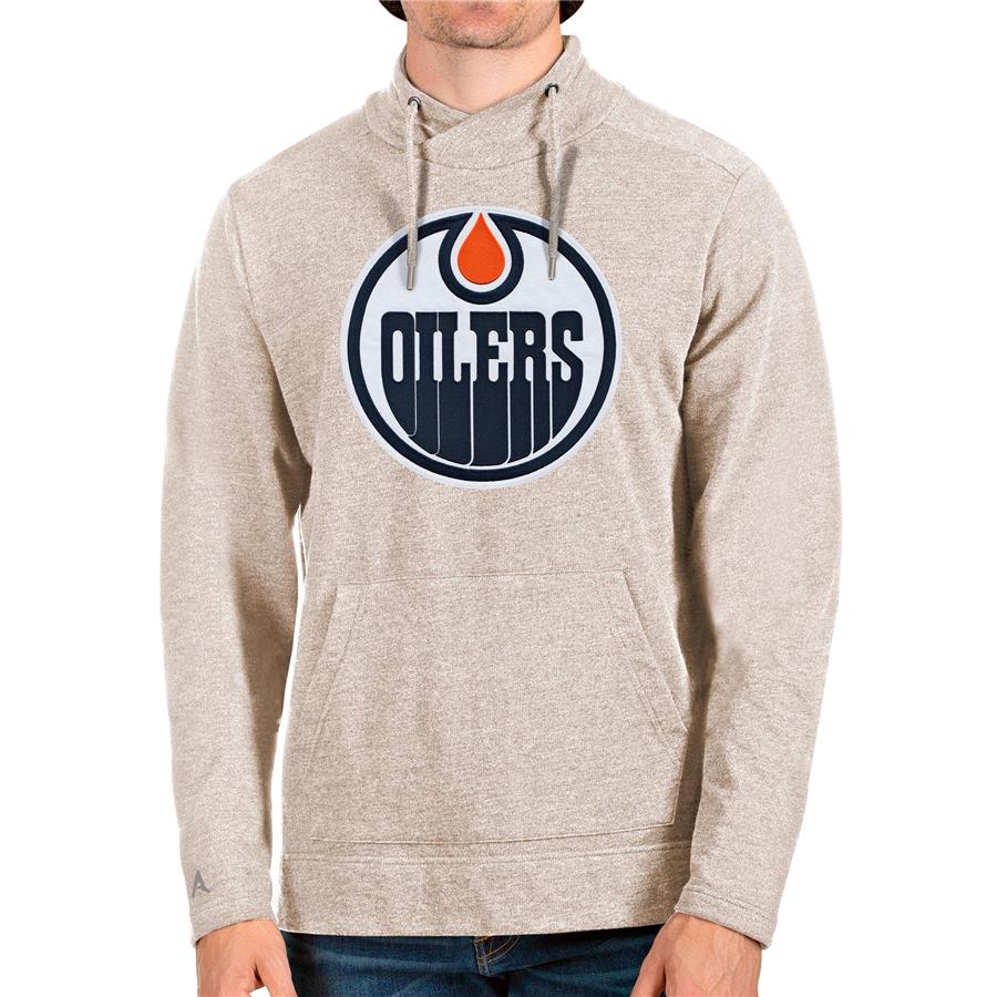 Edmonton Oilers Antigua Reward Crossover Neckline Pullover Sweatshirt - Oatmeal