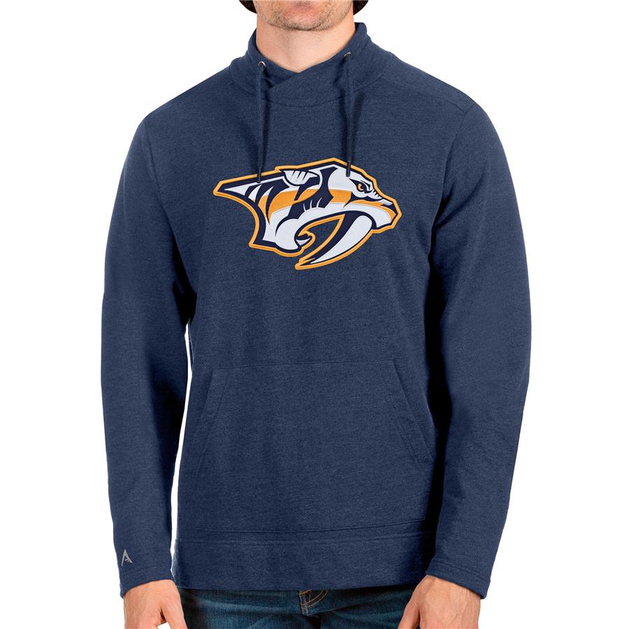 Nashville Predators Antigua Reward Crossover Neckline Pullover Sweatshirt - Heathered Navy
