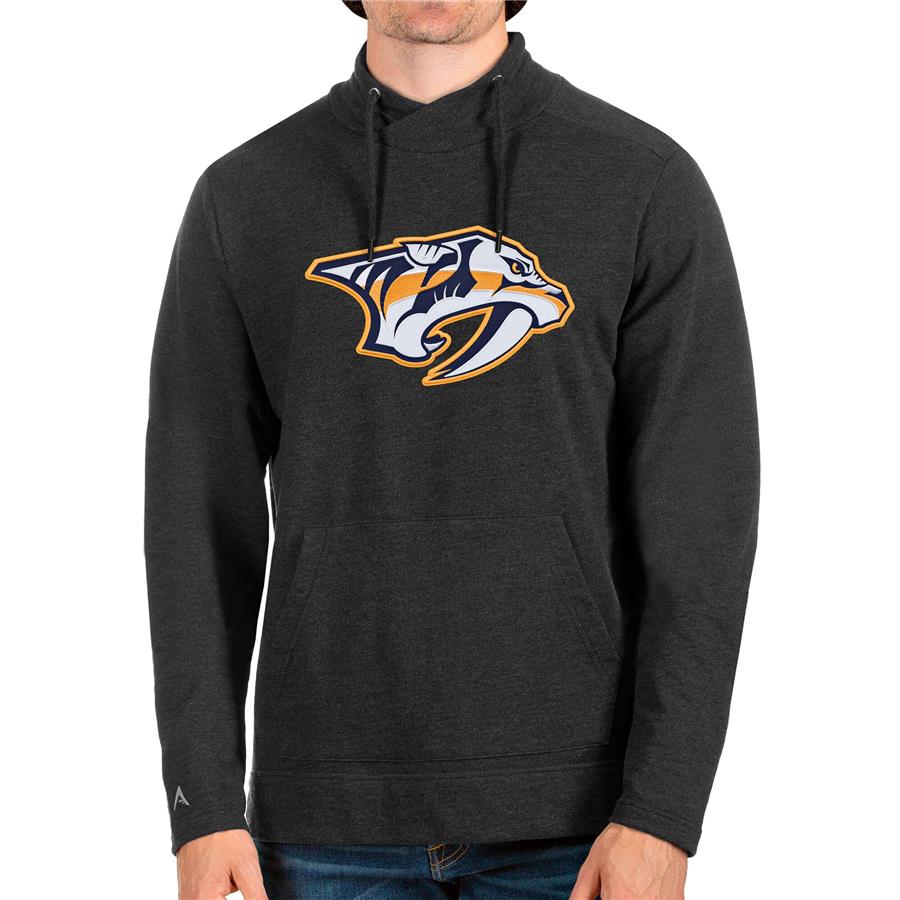 Nashville Predators Antigua Reward Crossover Neckline Pullover Sweatshirt - Heathered Black
