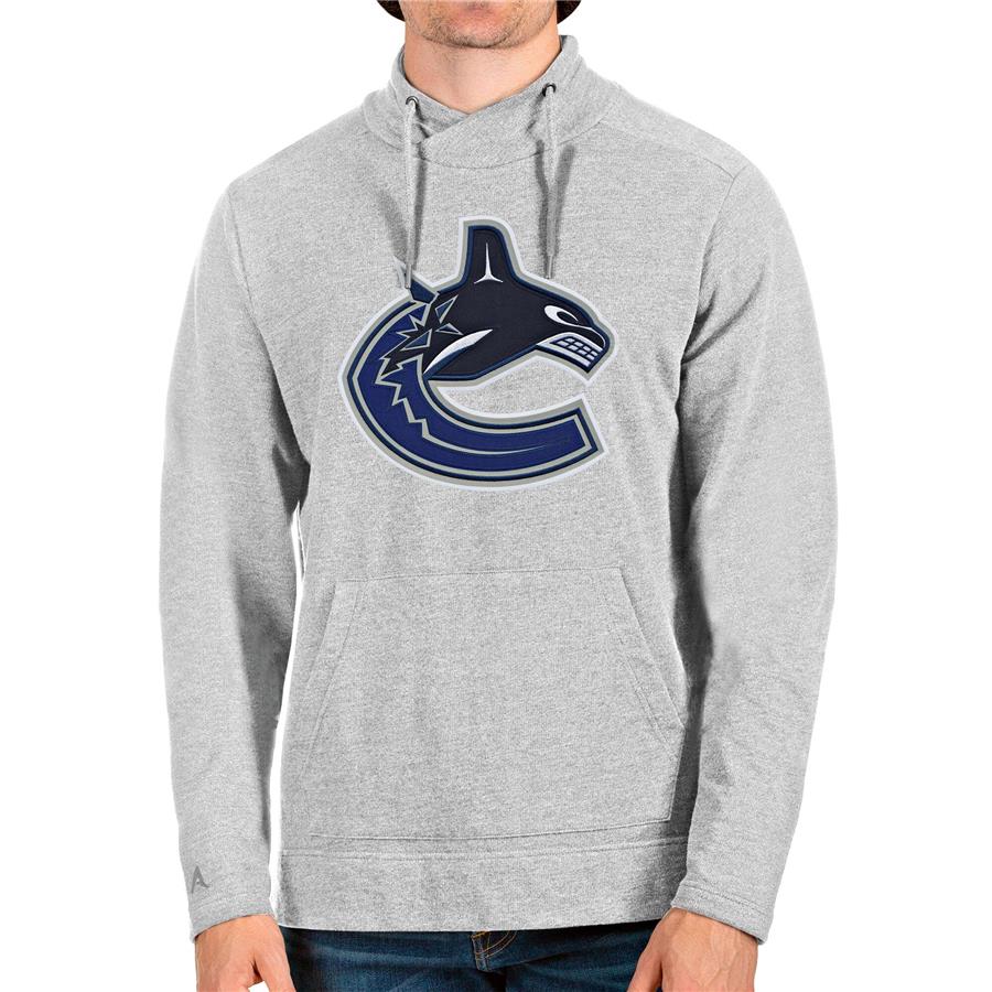 Vancouver Canucks Antigua Reward Crossover Neckline Pullover Sweatshirt - Heathered Gray
