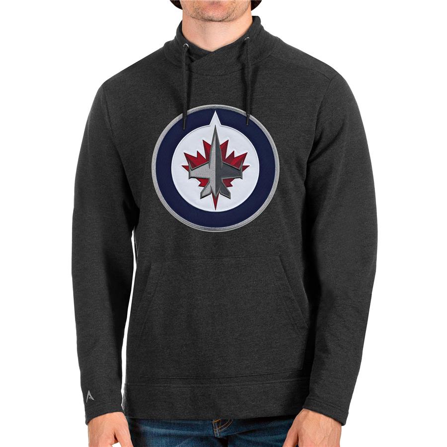 Winnipeg Jets Antigua Reward Crossover Neckline Pullover Sweatshirt - Heathered Black