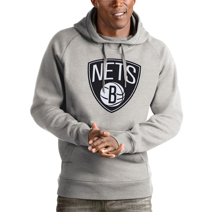 Brooklyn Nets Antigua Logo Victory Pullover Hoodie - Heathered Gray