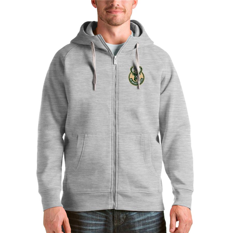 Milwaukee Bucks Antigua Logo Victory Full-Zip Hoodie - Heathered Gray