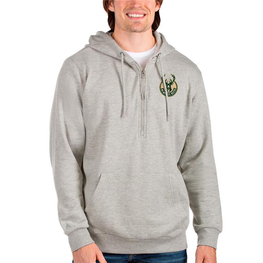 Milwaukee Bucks Antigua Action Quarter-Zip Pullover Hoodie - Heathered Gray