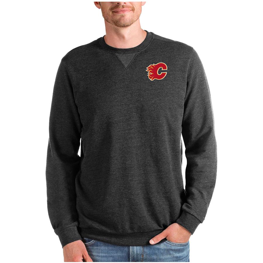 Calgary Flames Antigua Reward Crewneck Pullover Sweatshirt - Heathered Black