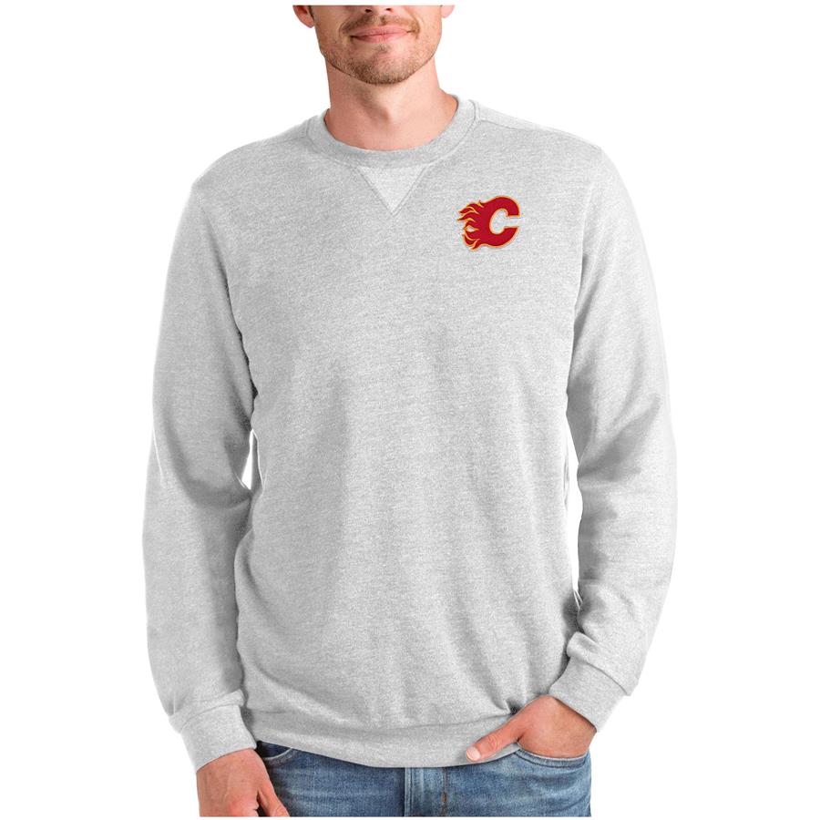 Calgary Flames Antigua Reward Crewneck Pullover Sweatshirt - Heathered Gray