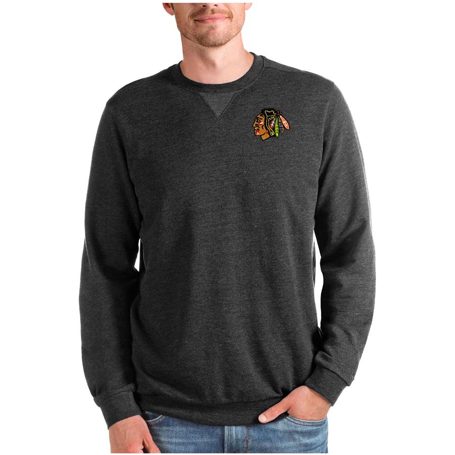 Chicago Blackhawks Antigua Reward Crewneck Pullover Sweatshirt - Heathered Black