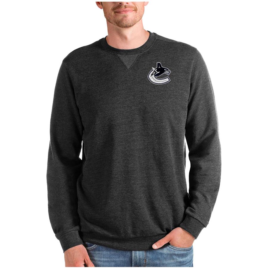 Vancouver Canucks Antigua Reward Crewneck Pullover Sweatshirt - Heathered Black