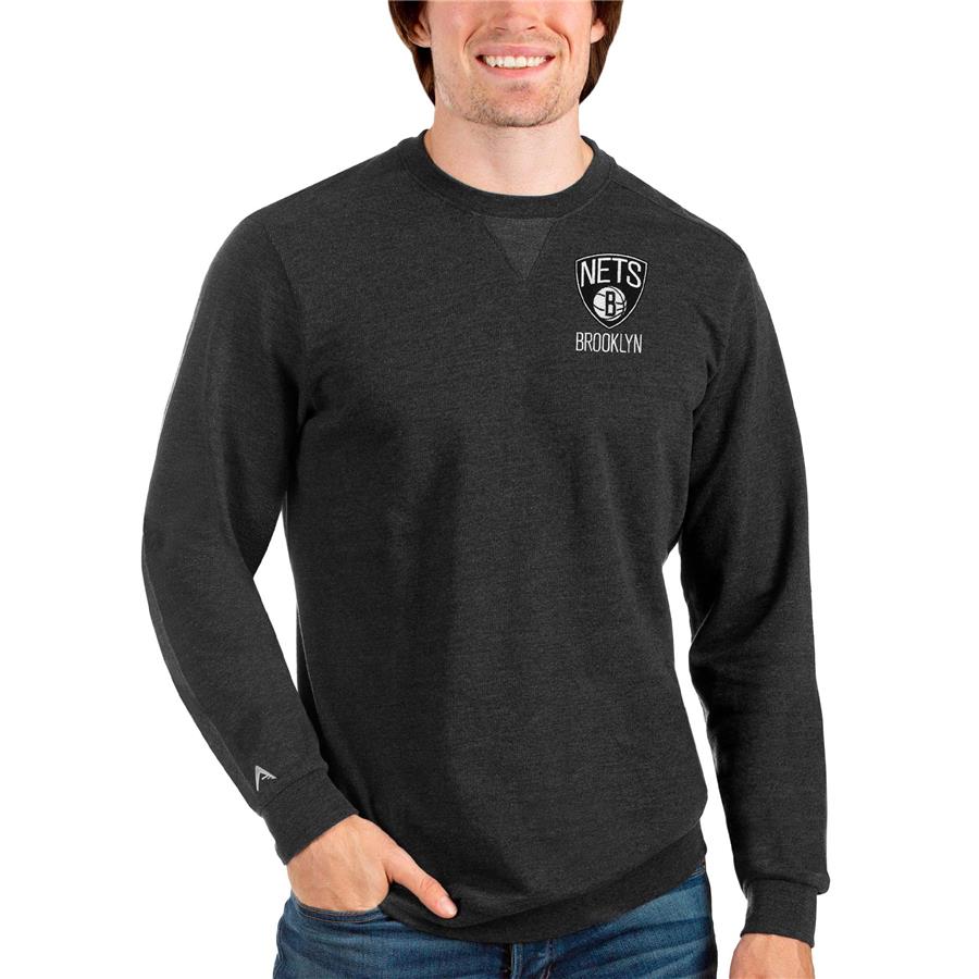 Brooklyn Nets Antigua Reward Crewneck Pullover Sweatshirt - Heathered Black
