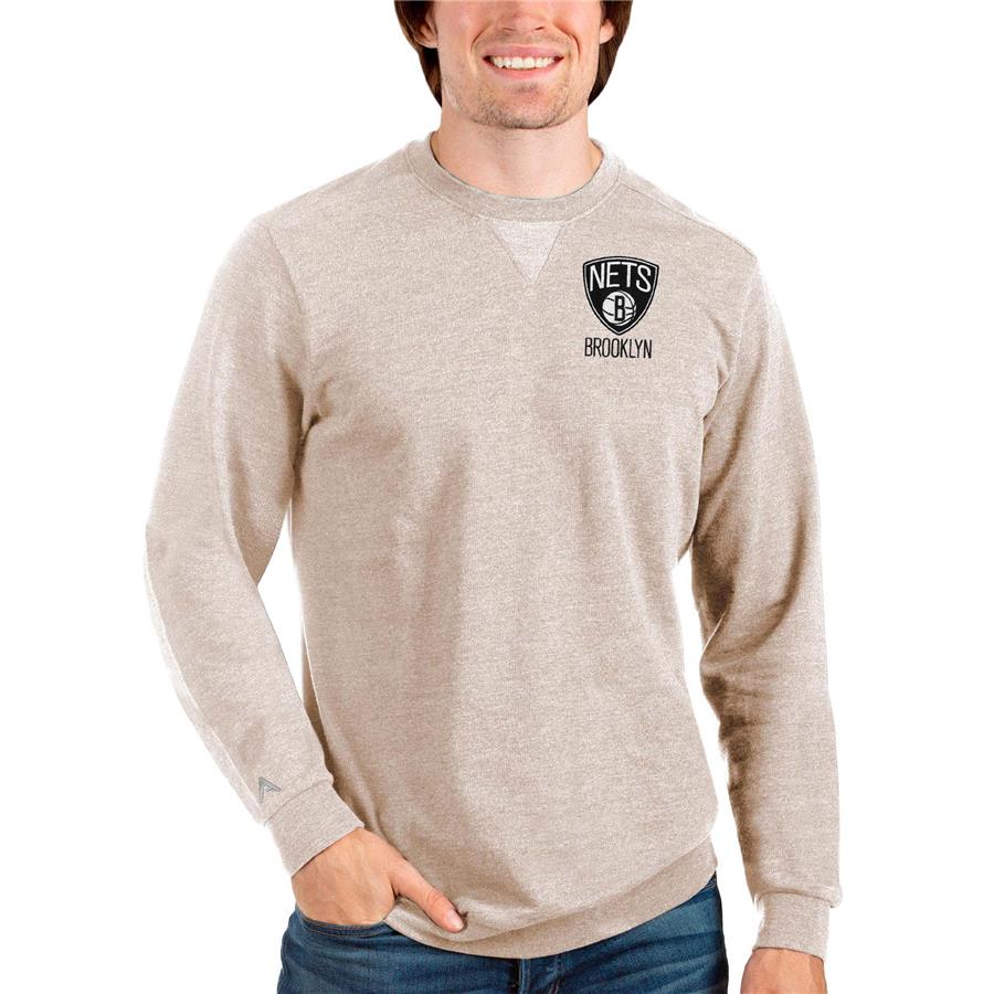 Brooklyn Nets Antigua Reward Crewneck Pullover Sweatshirt - Oatmeal