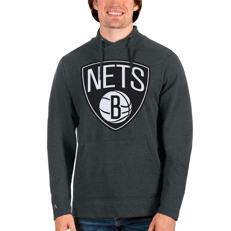Brooklyn Nets Antigua Logo Reward Crossover Neckline Pullover Sweatshirt - Heathered Charcoal