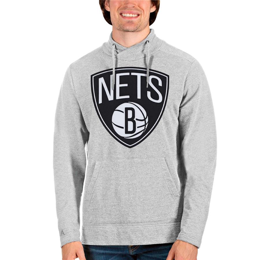 Brooklyn Nets Antigua Logo Reward Crossover Neckline Pullover Sweatshirt - Heathered Gray