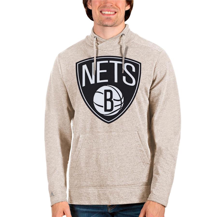 Brooklyn Nets Antigua Logo Reward Crossover Neckline Pullover Sweatshirt - Oatmeal