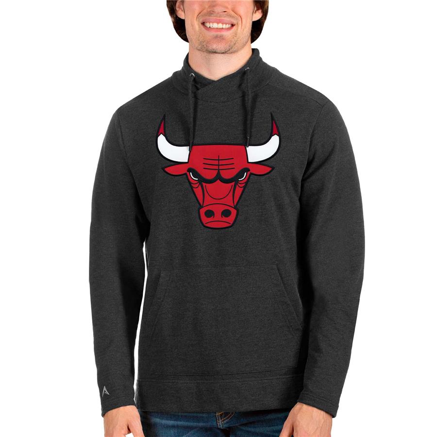 Chicago Bulls Antigua Logo Reward Crossover Neckline Pullover Sweatshirt - Heathered Black