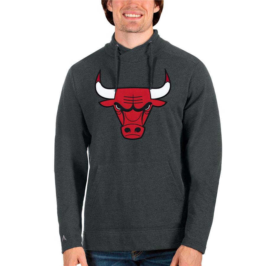 Chicago Bulls Antigua Logo Reward Crossover Neckline Pullover Sweatshirt - Heathered Charcoal