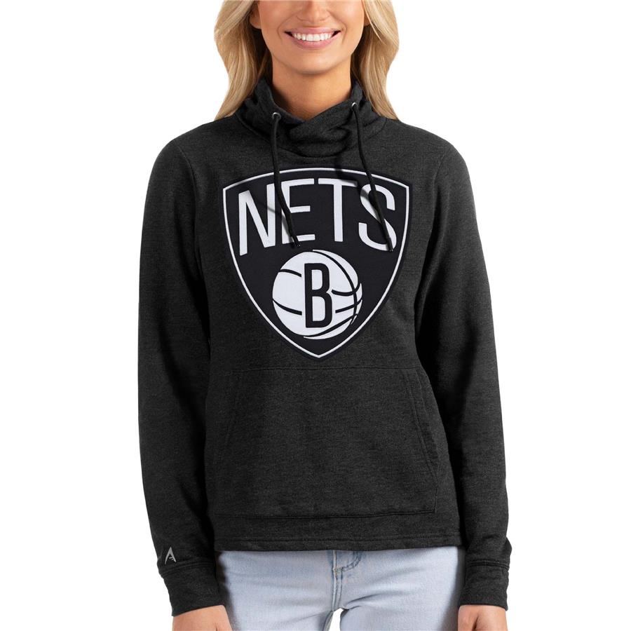 Brooklyn Nets Antigua Women's Team Reward Crossover Neckline Pullover Sweatshirt - Heathered Black