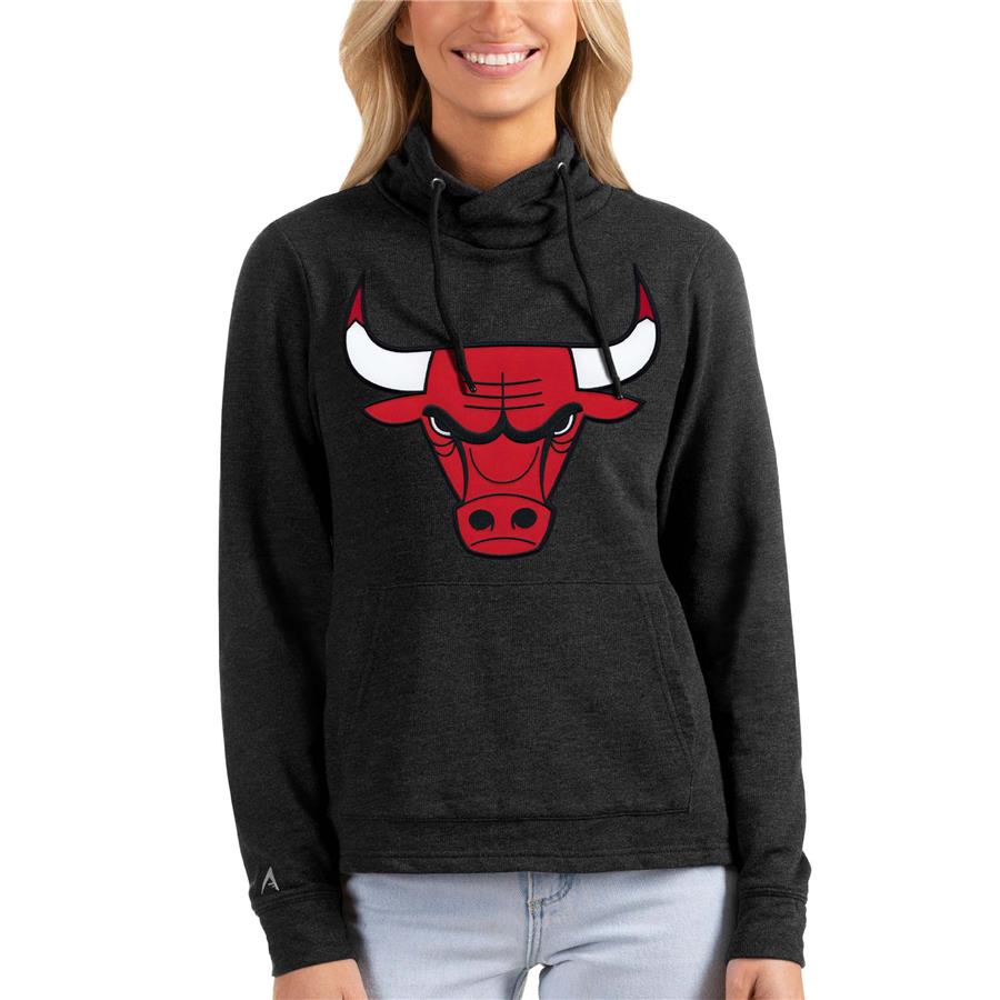 Chicago Bulls Antigua Women's Team Reward Crossover Neckline Pullover Sweatshirt - Heathered Black