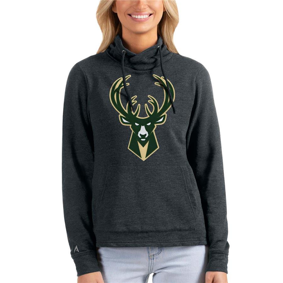 Milwaukee Bucks Antigua Women's Team Reward Crossover Neckline Pullover Sweatshirt - Heathered Charcoal
