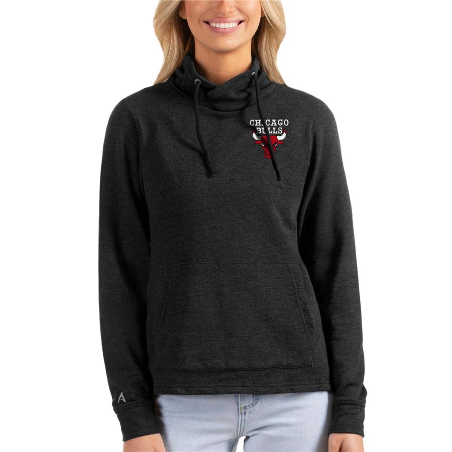 Chicago Bulls Antigua Women's Reward Crossover Neckline Pullover Sweatshirt - Heathered Black