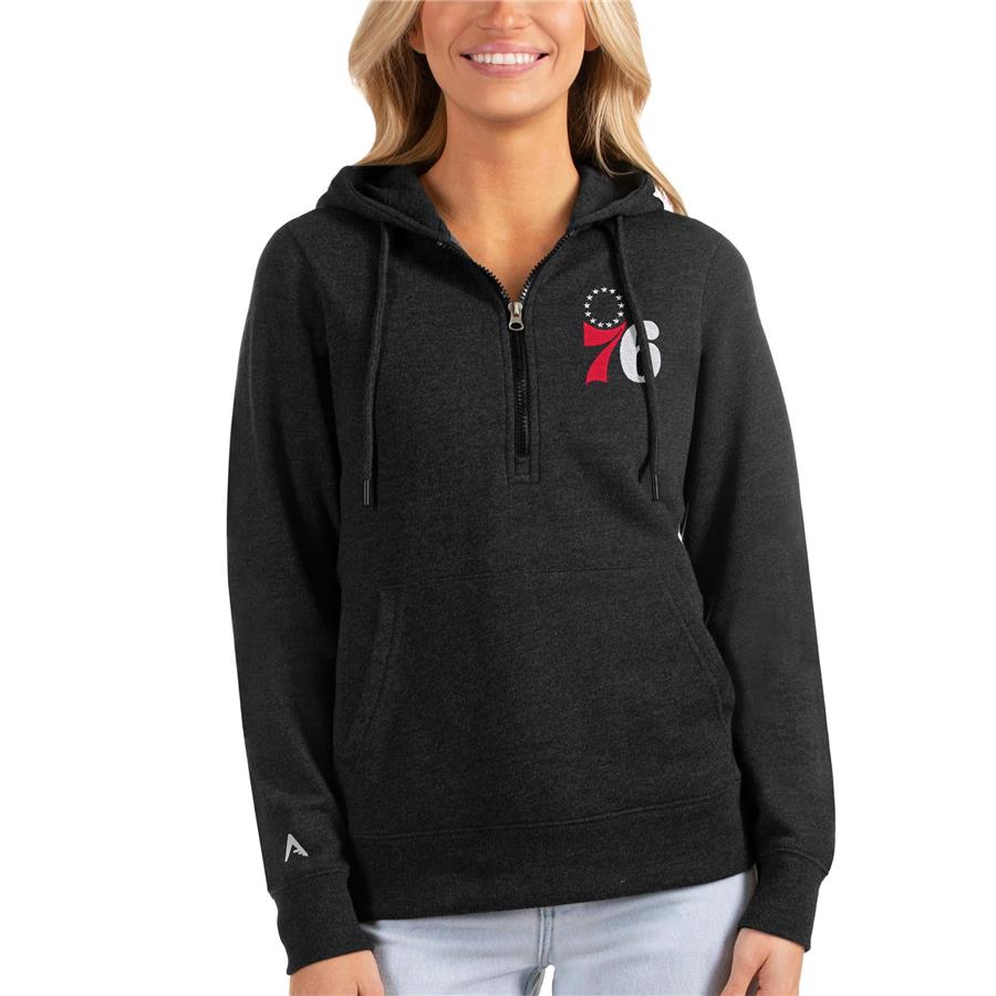 Philadelphia 76ers Antigua Women's Action Half-Zip Pullover Hoodie - Heathered Black