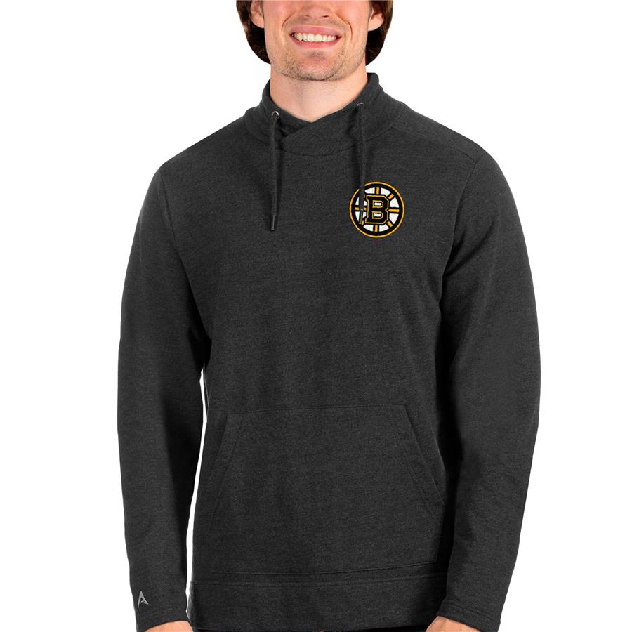 Boston Bruins Antigua Team Reward Crossover Neckline Pullover Sweatshirt - Heathered Black