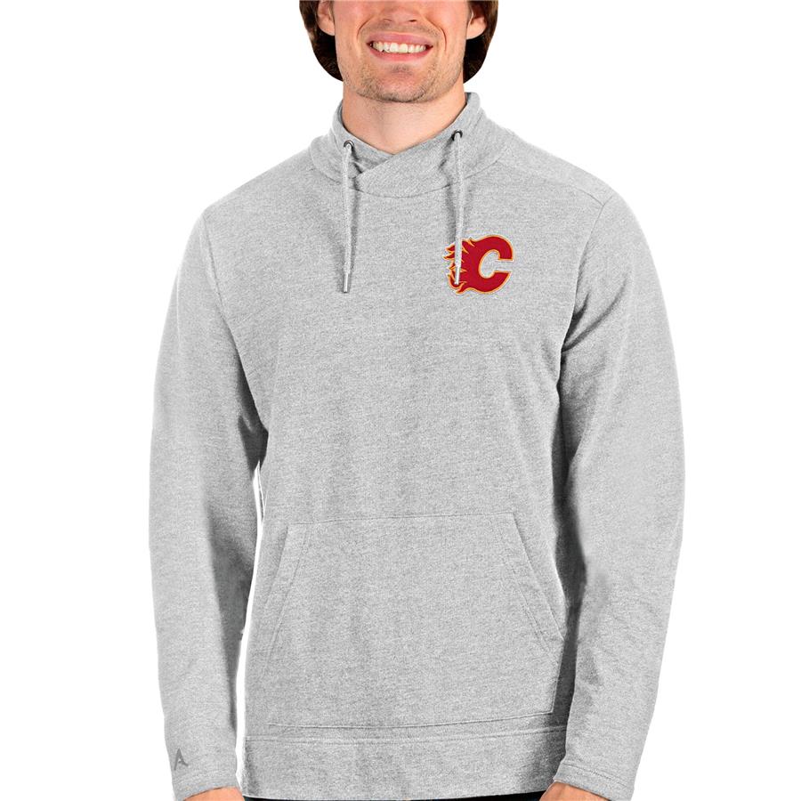 Calgary Flames Antigua Team Reward Crossover Neckline Pullover Sweatshirt - Heathered Gray