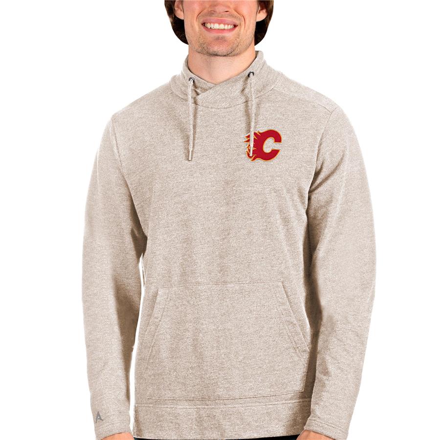 Calgary Flames Antigua Team Reward Crossover Neckline Pullover Sweatshirt - Oatmeal