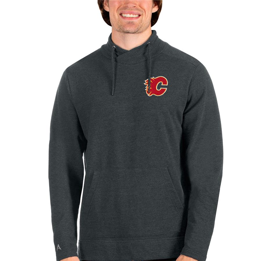 Calgary Flames Antigua Team Reward Crossover Neckline Pullover Sweatshirt - Heathered Charcoal