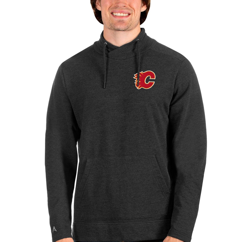 Calgary Flames Antigua Team Reward Crossover Neckline Pullover Sweatshirt - Heathered Black