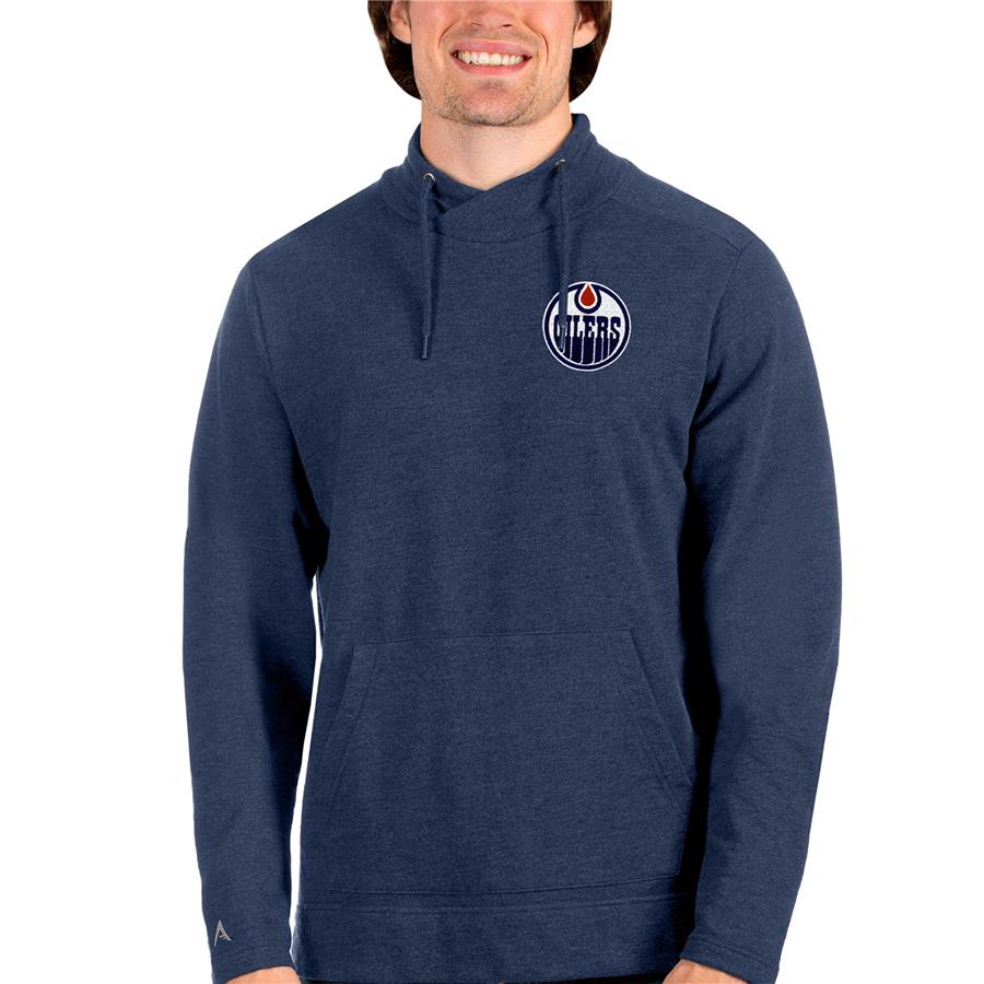 Edmonton Oilers Antigua Team Reward Crossover Neckline Pullover Sweatshirt - Heathered Navy