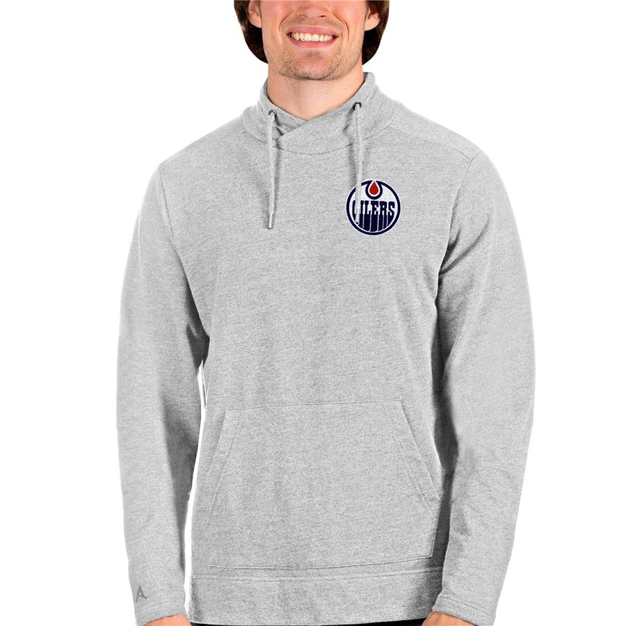 Edmonton Oilers Antigua Team Reward Crossover Neckline Pullover Sweatshirt - Heathered Gray