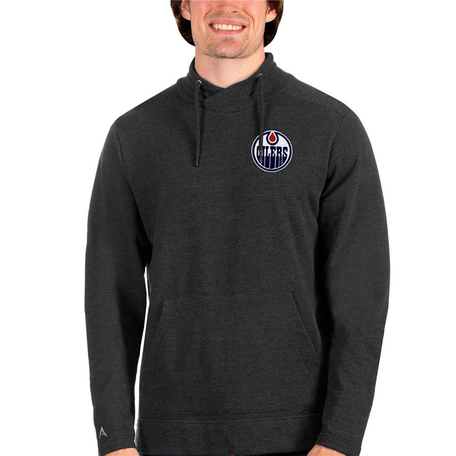 Edmonton Oilers Antigua Team Reward Crossover Neckline Pullover Sweatshirt - Heathered Black
