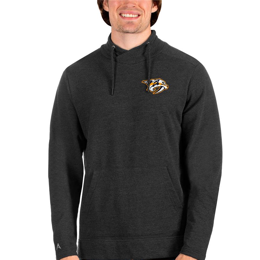 Nashville Predators Antigua Team Reward Crossover Neckline Pullover Sweatshirt - Heathered Black