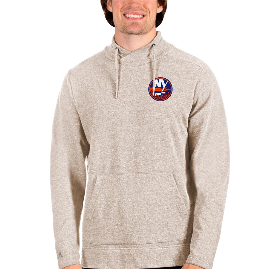 New York Islanders Antigua Team Reward Crossover Neckline Pullover Sweatshirt - Oatmeal