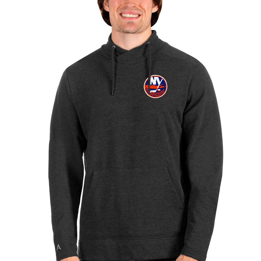 New York Islanders Antigua Team Reward Crossover Neckline Pullover Sweatshirt - Heathered Black