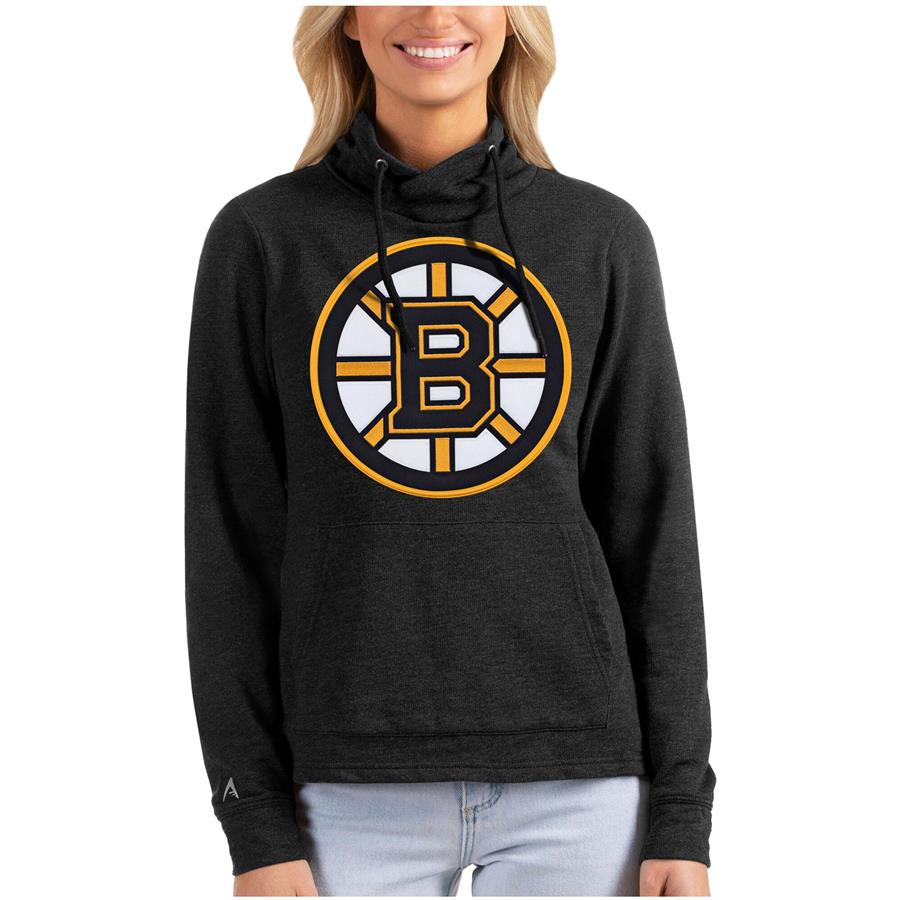 Boston Bruins Antigua Women's Reward Crossover Neckline Pullover Sweatshirt - Heathered Black