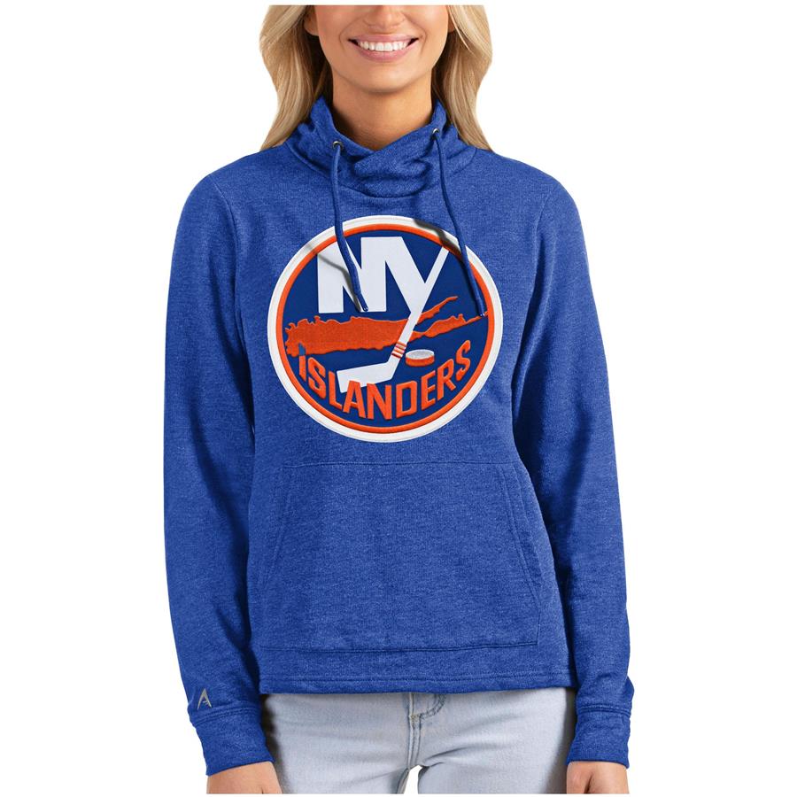New York Islanders Antigua Women's Reward Crossover Neckline Pullover Sweatshirt - Heathered Royal