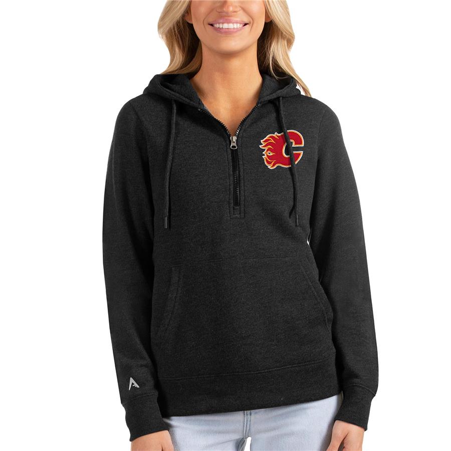 Calgary Flames Antigua Women's Action Half-Zip Pullover Hoodie - Heathered Black