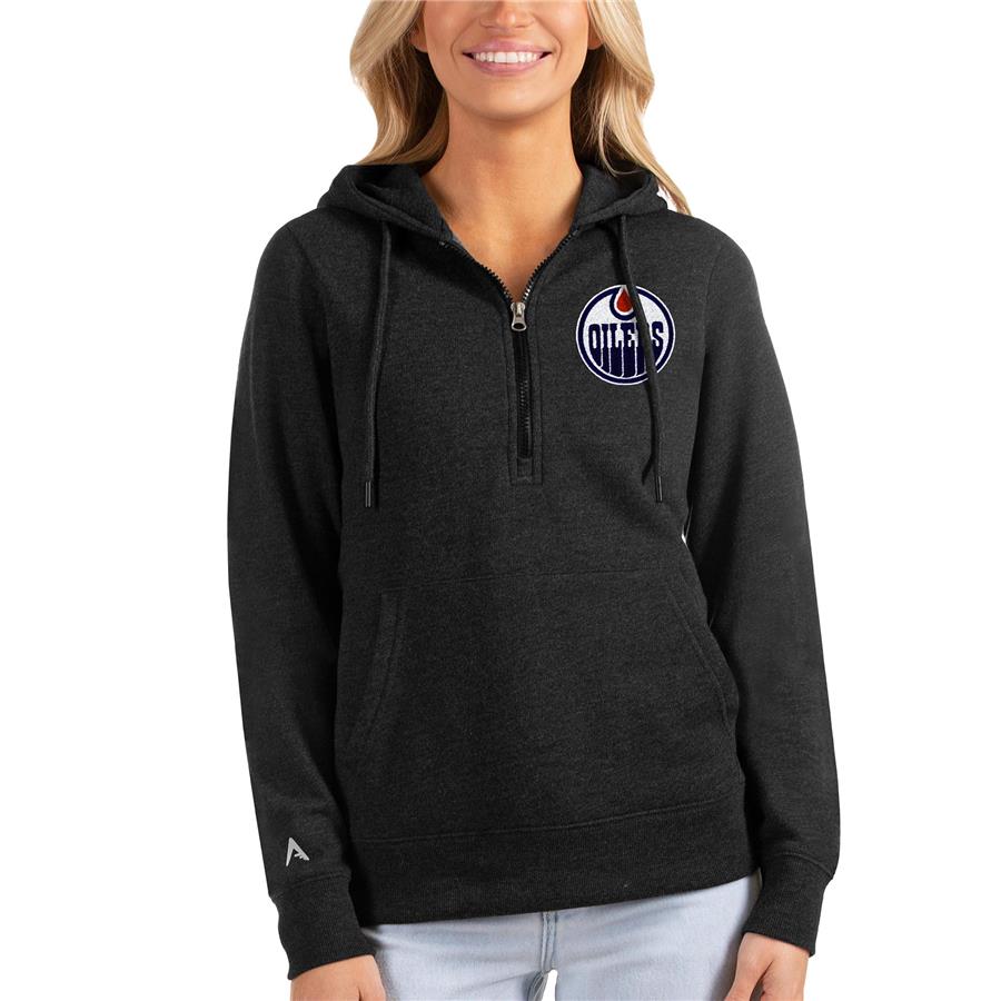 Edmonton Oilers Antigua Women's Action Half-Zip Pullover Hoodie - Heathered Black